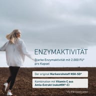 Vysoká enzymatická aktivita 2 000 FU na kapsulu. Obsahuje originálnu značkovú surovinu NSK-SD® a vitamín C z extraktu amly (nakoMIN®-C). Premyslená kombinácia prémiových zložiek v jednej kapsule.