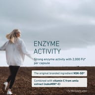 Woman walking on a field path, text about enzyme activity, strong enzymatic effect with 2,000 FU per capsule, contains original NSK-SD® and Vitamin C from Amla extract