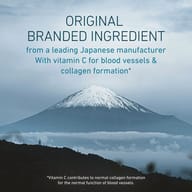 Mountain landscape with clouds, text about Biogena Nattokinase Superior: Original branded raw material from Japan, with vitamin C for blood vessels and collagen formation