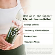 BIOGENA ONE grüner Nährstoffdrink in einer Flasche, gehalten von einer Person in Sportkleidung. Hinweis auf All-in-one Support für Energie & Fokus, Verdauung & Wohlbefinden, Immunsystem und gesundes Altern.