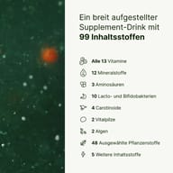 BIOGENA ONE Supplement-Drink mit 99 Inhaltsstoffen. Darstellung der Zusammensetzung: 13 Vitamine, 12 Mineralstoffe, 3 Aminosäuren, 10 Lacto- und Bifidobakterien, 4 Carotinoide, 2 Vitalpilze, 2 Algen, 48 Pflanzenstoffe un