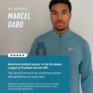 NFL and European League of Football player Marcel Dabo holding BIOGENA SPORTS ZMB6. Athlete testimonial highlighting magnesium, zinc, and vitamin B6 to support muscle function, energy metabolism, and daily performance.