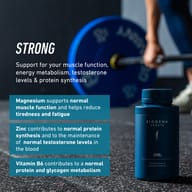 BIOGENA SPORTS ZMB6 in a gym setting. Magnesium supports normal muscle function and helps reduce fatigue, zinc contributes to normal protein synthesis and testosterone levels, and vitamin B6 supports energy metabolism.