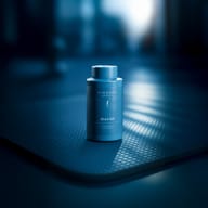 BIOGENA SPORTS BCAA 500 flacone, tappetino testurizzato, sfondo blu sfocato