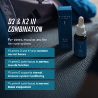 BIOGENA SPORTS D3 & K2 Liquid supplement with vitamin D3 and vitamin K2. Supports normal bones, muscle function, immune system function, and normal blood coagulation in a convenient liquid formula.