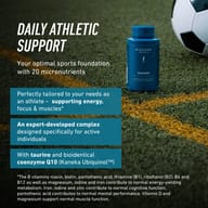 BIOGENA Sports Essentials displayed on a sports field as daily support for active individuals. Features 20 micronutrients, taurine, and bioidentical coenzyme Q10 to support energy, focus, and muscle function in everyday 
