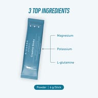 BIOGENA Sports Kalium Magnesium Sport stick shown with key ingredients magnesium, potassium, and L-glutamine. Powder format with 6 g per stick designed to support muscles, endurance, and energy metabolism.