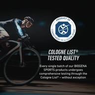 Visual of a performance cyclist highlighting tested quality through the Cologne List®. Emphasis is placed on batch-by-batch testing of Biogena Sports products for clean sport.