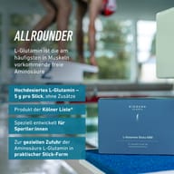 BIOGENA SPORTS L-Glutamine Sticks 5000 pri bazéne. Jedno vrecúško obsahuje 5 g L-glutamínu. Produkt je na Cologne List® a je určený na cielený príjem L-glutamínu.