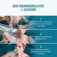 Príprava BIOGENA SPORTS L-Glutamine Sticks 5000: prášok vysypte do 250–300 ml vody, dobre premiešajte a vypite, napríklad po tréningu.