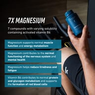 BIOGENA Sports Magnesium Sport with 7 magnesium compounds and activated vitamin B6. Supports normal muscle function, energy metabolism, nervous system function, mental performance and helps reduce tiredness and fatigue.