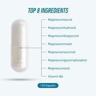 Kapsula BIOGENA SPORTS Magnesium Sport s 8 hlavnými zložkami: siedmimi zlúčeninami horčíka – taurátom, hydroxidom, bisglycinátom, jablčnanom, sukcinátom, glycerofosfátom a oxidom horečnatým – a vitamínom B6. Balenie obsa