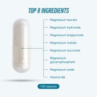Magnesium Sport supplement featuring 7 magnesium compounds and vitamin B6. Formula includes magnesium taurate, hydroxide, bisglycinate, malate, succinate, glycerophosphate and oxide. Contains 120 capsules.