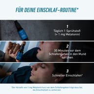 Biogena Sports Melatonin Sleep Spray per la routine serale: 1 spruzzo al giorno con 1 mg di melatonina, da assumere in bocca 30 minuti prima di dormire. Supporta una routine rilassante per addormentarsi più rapidamente.