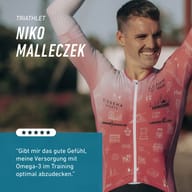 Triatlonista Niko Malleczek v športovom drese BIOGENA SPORTS. Uvádza, že mu produkt pomáha optimálne pokryť príjem omega-3 počas tréningu.