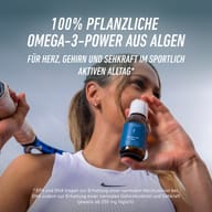 Atlétka drží BIOGENA SPORTS Omega-3 Oil vegan. 100 % rastlinný omega-3 olej z rias s EPA a DHA na podporu normálnej činnosti srdca, mozgu a zraku.
