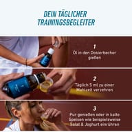 Návod na užívanie BIOGENA SPORTS Omega-3 Oil vegan: nalejte olej do odmerky, užívajte denne 5 ml s jedlom, čistý alebo zamiešaný do studených jedál.
