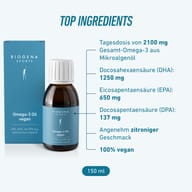 BIOGENA SPORTS Omega-3 Oil vegan, 150 ml: denná dávka obsahuje 2100 mg omega-3 z mikrorias, z toho 1250 mg DHA, 650 mg EPA a 137 mg DPA. 100 % vegánsky, s citrónovou chuťou.
