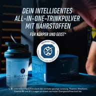 BIOGENA SPORTS Performance – nápojový prášok typu „všetko v jednom“ so živinami pre telo a myseľ. Na obrázku je šejker, balenie produktu a označenie Kölner Liste.