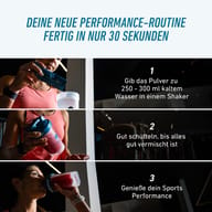 Príprava BIOGENA SPORTS Performance: prášok pridajte do šejkra s 250–300 ml studenej vody, dôkladne pretrepte a vychutnajte si pripravený športový nápoj.