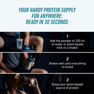 Step-by-step preparation of BIOGENA Sports Vegan Protein Sticks. Mix one stick with 250 ml water or plant-based milk, shake well for about 30 seconds and enjoy a convenient plant-based protein drink.