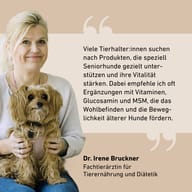 Frau mit Hund, englischer Text, Dr. Irene Bruckner, beiger Hintergrund