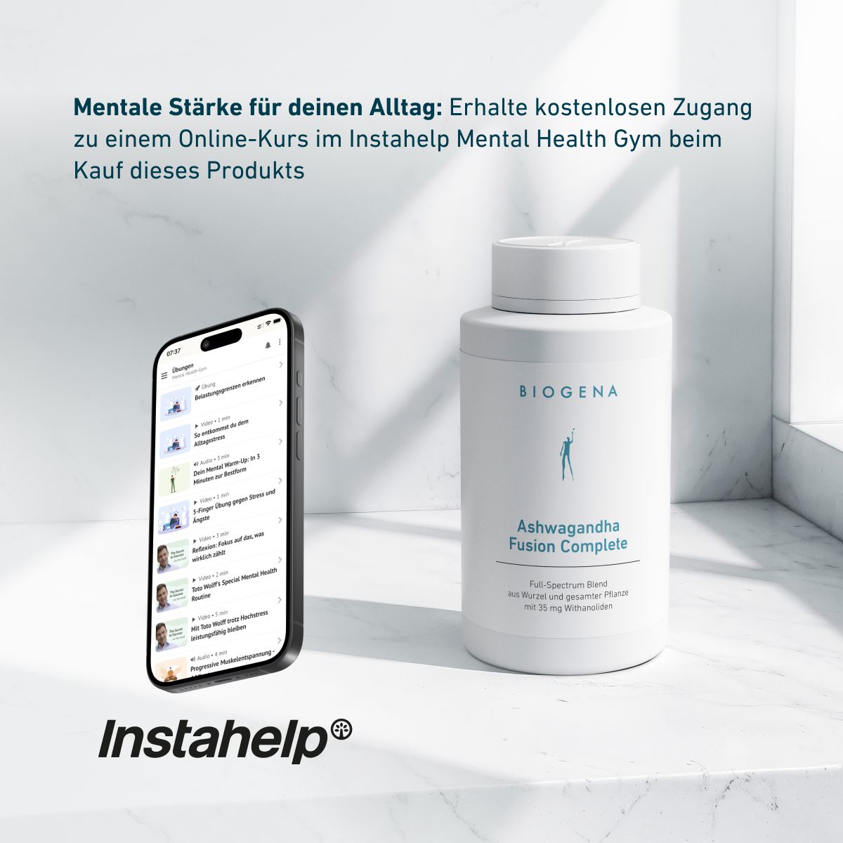 Biogena, Ashwagandha Fusion Complete, Flasche, weiß, Full-Spectrum Blend aus Wurzel und gesamter Pflanze mit 35 mg Withanoliden