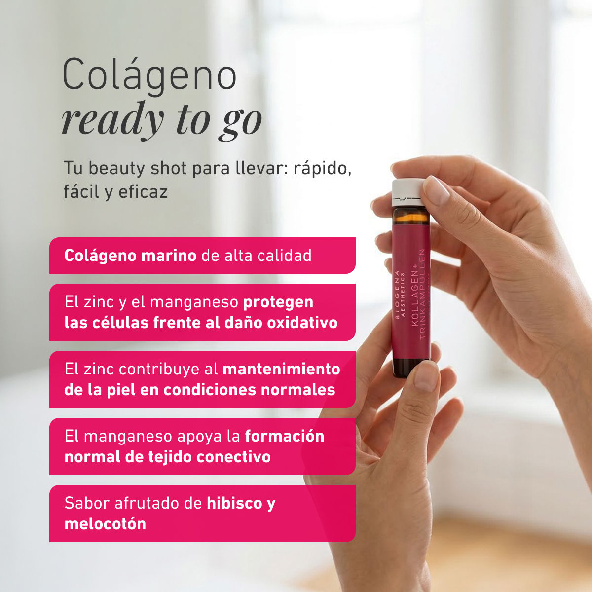 Biogena Aesthetics, PREMIUM KOLLAGEN+ TRINKAMPULLEN, Botella, magenta, CIENCIA PURA. BRILLO EXCEPCIONAL.