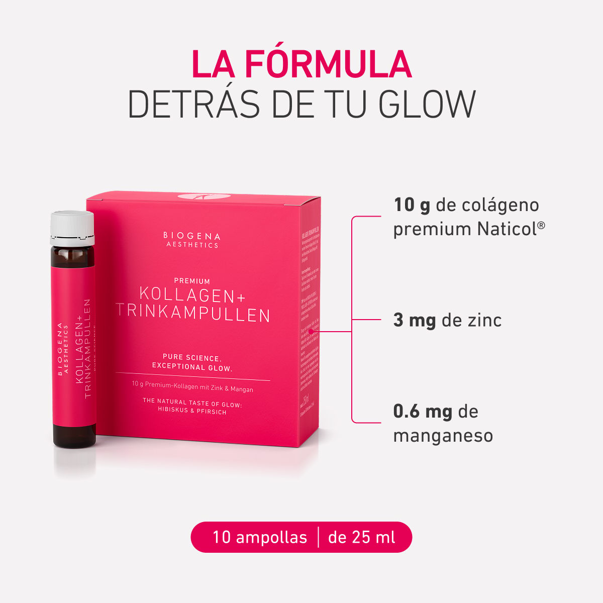 Biogena Aesthetics, PREMIUM KOLLAGEN+ TRINKAMPULLEN, Botella, magenta, CIENCIA PURA. BRILLO EXCEPCIONAL.