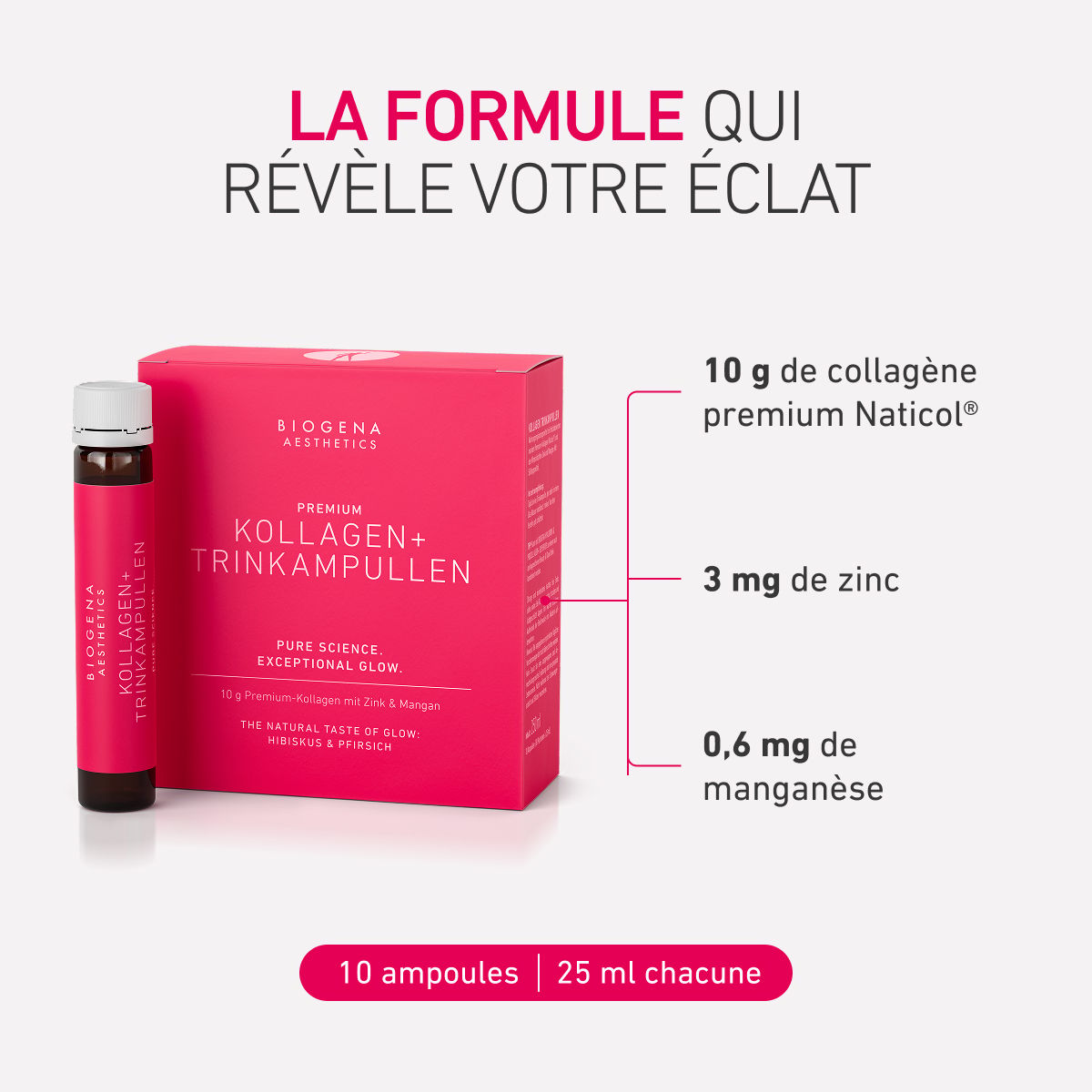 Biogena Aesthetics, PREMIUM KOLLAGEN+ TRINKAMPULLEN, Bouteille, magenta, SCIENCE PURE. ÉCLAT EXCEPTIONNEL.