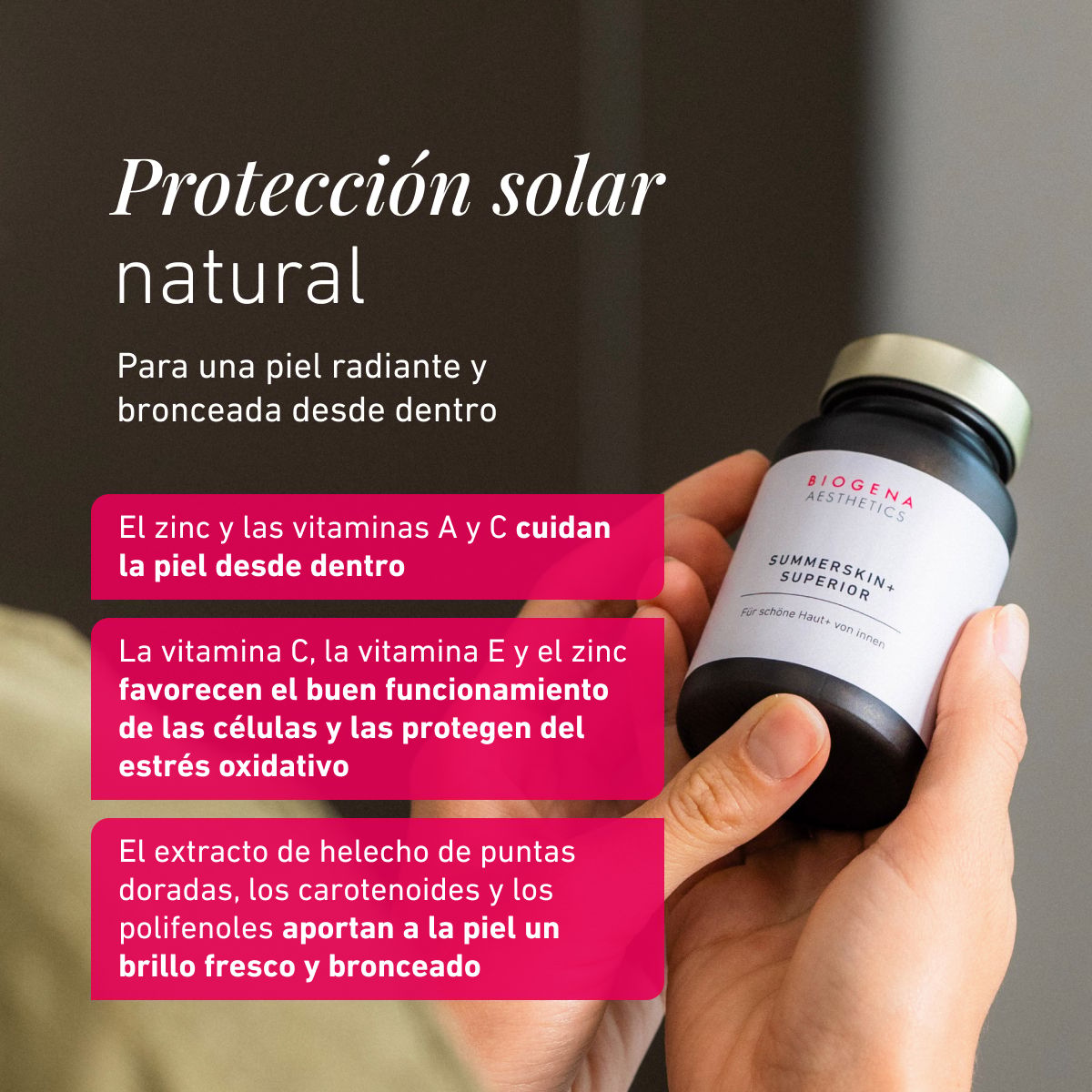 Biogena Aesthetics, SUMMERSKIN+ SUPERIOR, Botella, blanco, El arte del cuidado de la piel besada por el sol. Para una piel bonita+ desde dentro.