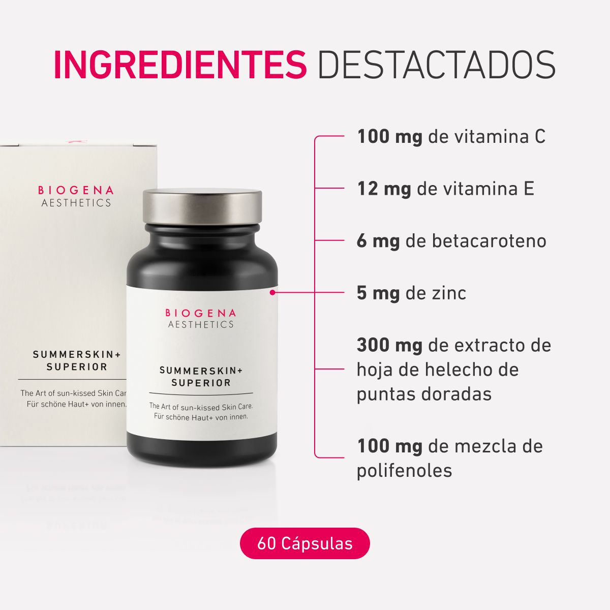 Biogena Aesthetics, SUMMERSKIN+ SUPERIOR, Botella, blanco, El arte del cuidado de la piel besada por el sol. Para una piel bonita+ desde dentro.