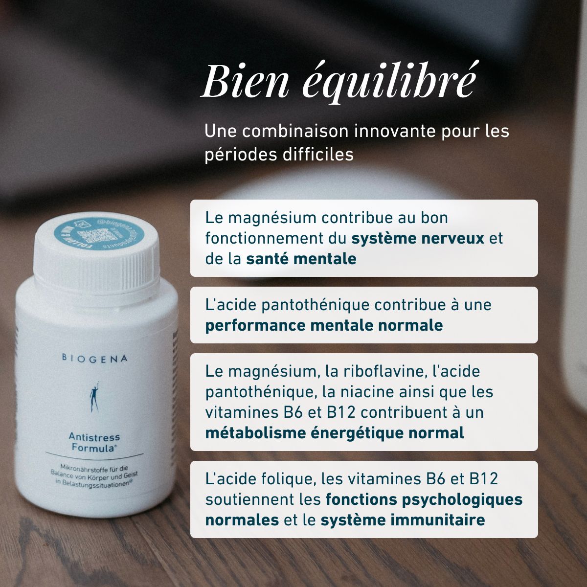 Biogena, Antistress Formula®, Bouteille, blanc, Micronutriments pour l’équilibre du corps et de l’esprit en situations de stress®