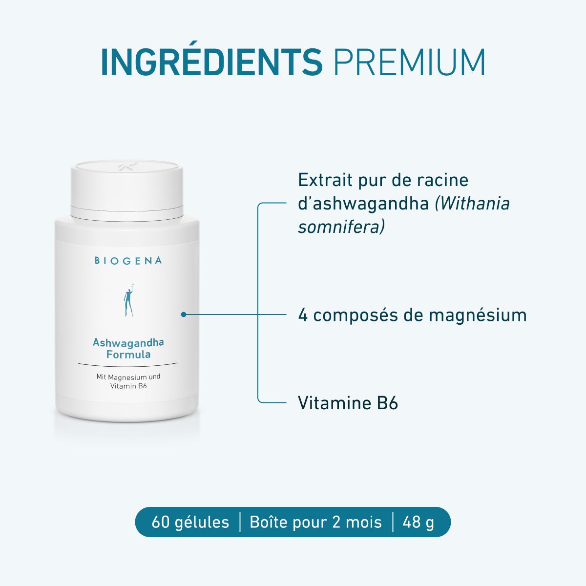 Biogena, Ashwagandha Formula, Bouteille, blanc, Avec du magnésium et de la vitamine B6