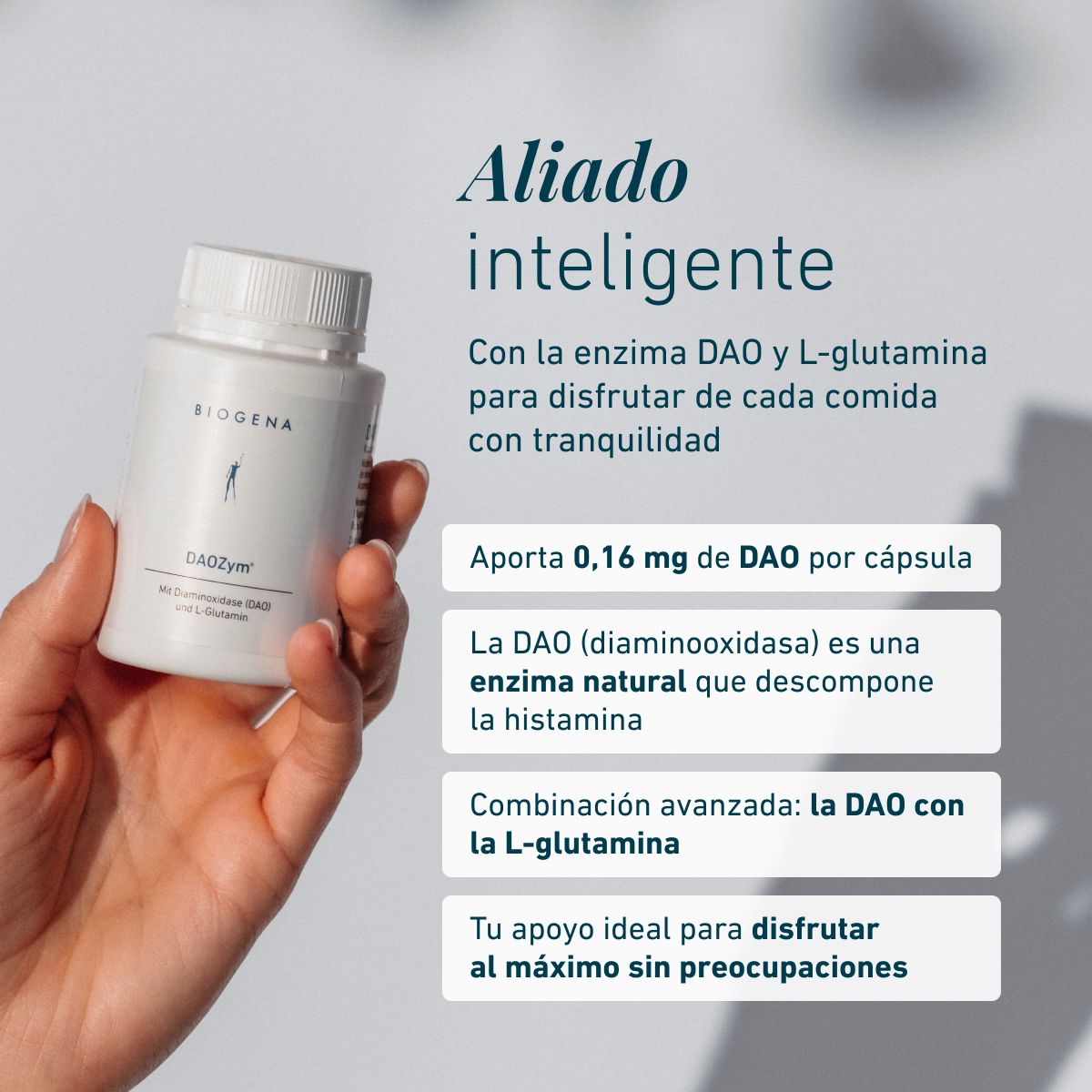Biogena, DAOZym®, Botella, blanco, Con diaminooxidasa (DAO) y L-glutamina