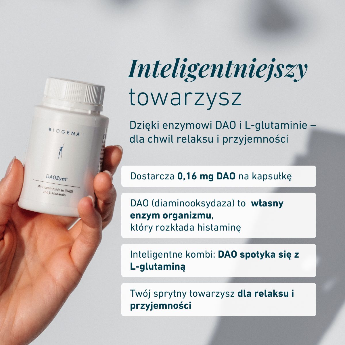 Biogena, DAOZym®, Butelka, biały, Z diaminooksydazą (DAO) i L-glutaminą