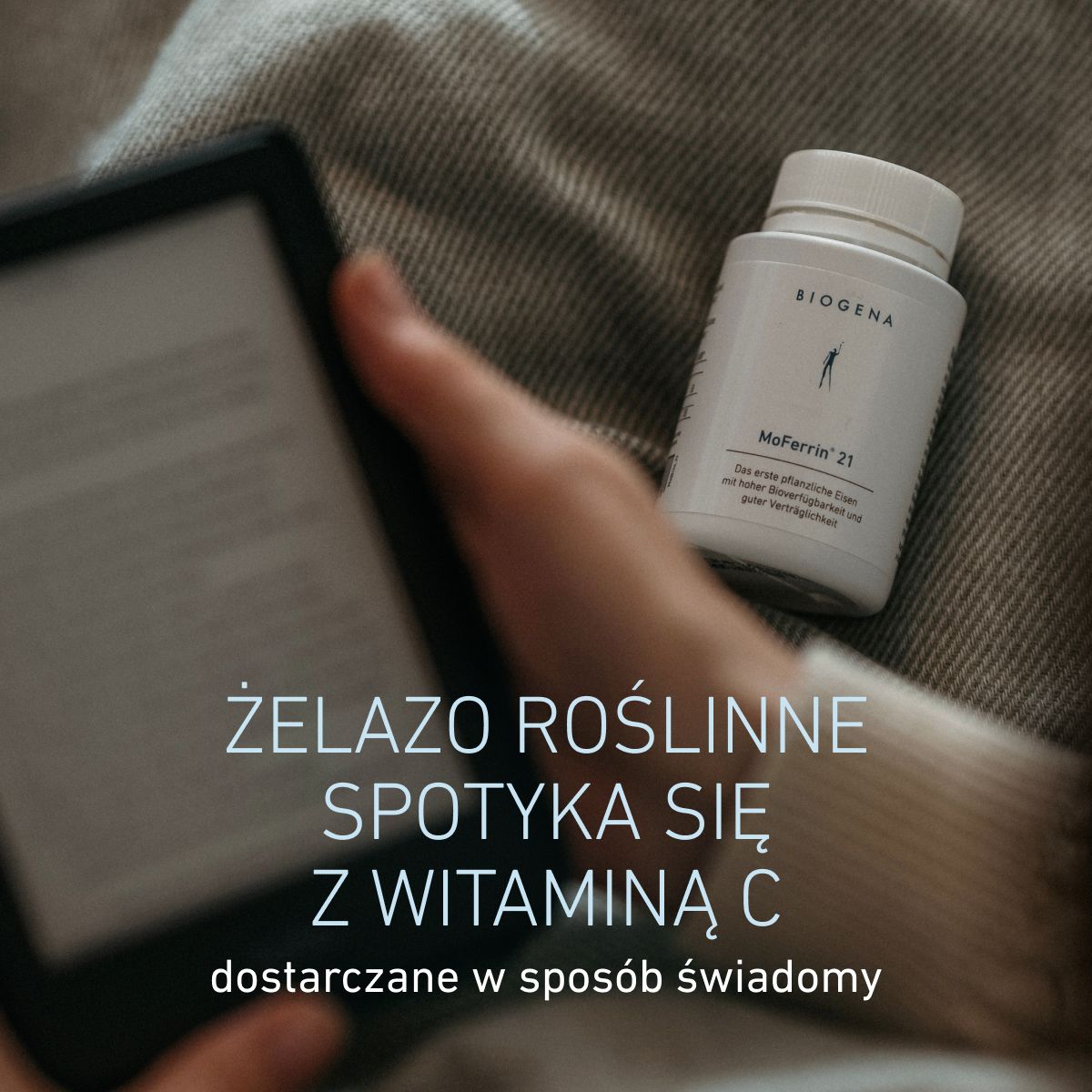 Biogena, MoFerrin® 21, Butelka, biały, Pierwsze żelazo roślinne o wysokiej biodostępności i dobrej tolerancji