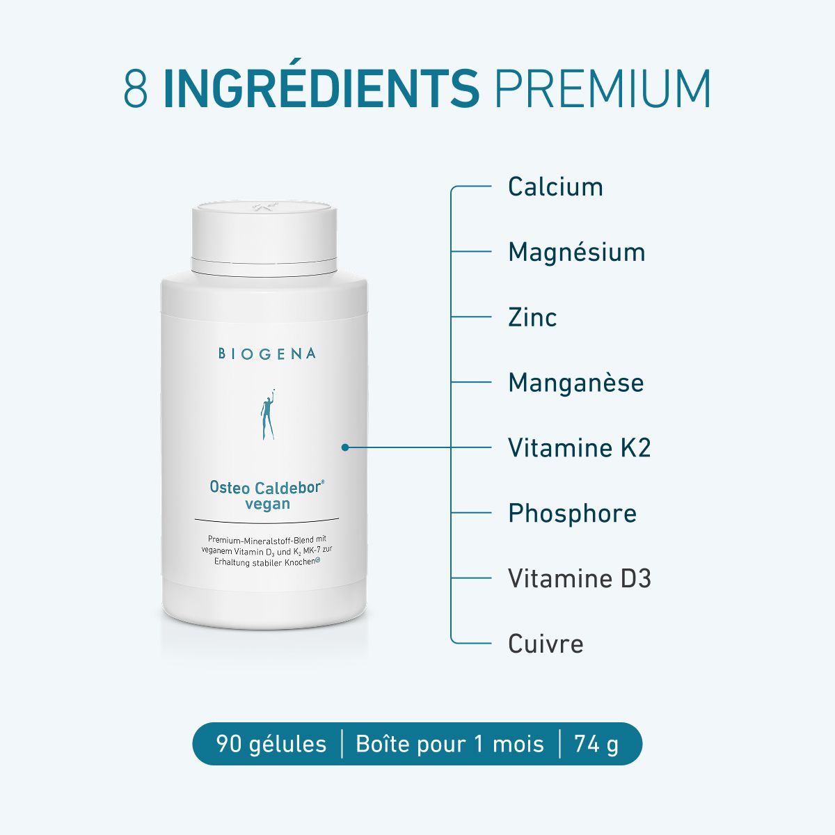 Biogena, Osteo Caldebor® vegan, Bouteille, blanc, Mélange premium de minéraux avec vitamine D3 végane et K2 MK-7 pour le maintien d’os stables®