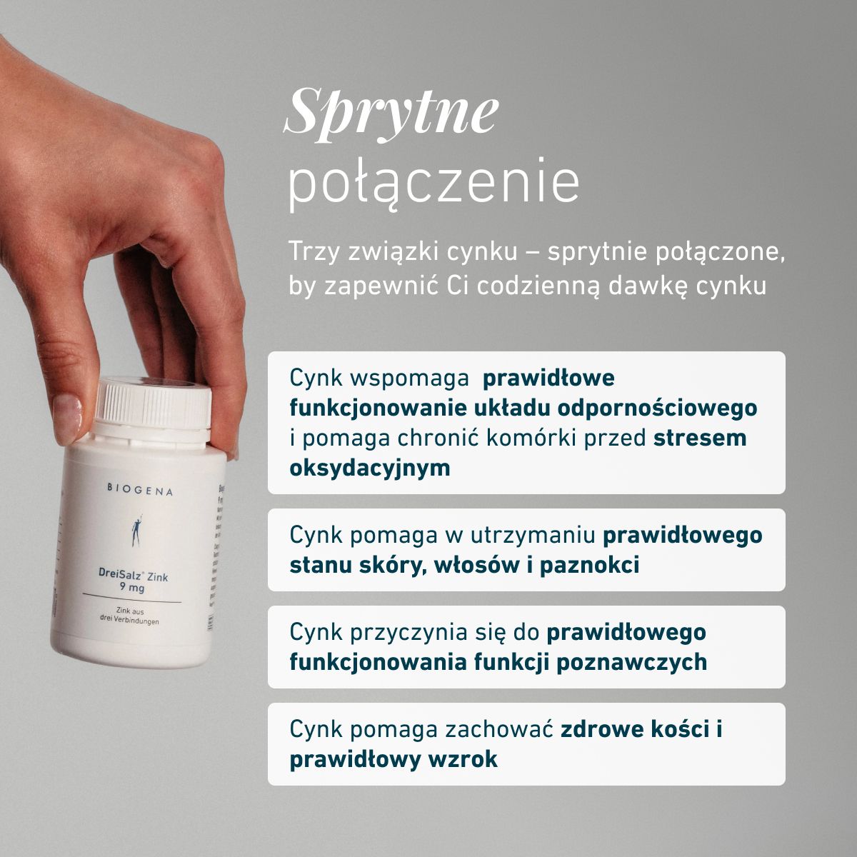 Biogena, DreiSalz® Zink 9 mg, Butelka, biały, Cynk z trzech związków
