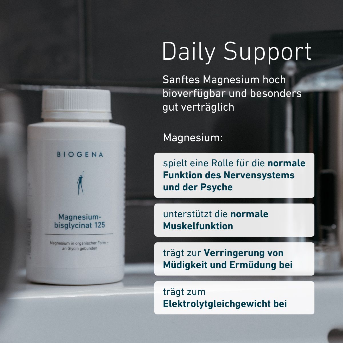 Biogena, Magnesium-bisglycinat 125, Flasche, weiß, Magnesium in organischer Form – an Glycin gebunden