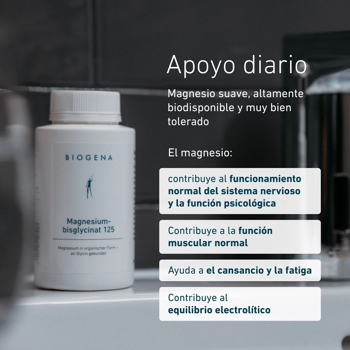 Biogena, Magnesium-bisglycinat 125, Botella, blanco, Magnesio en forma orgánica – unido a glicina