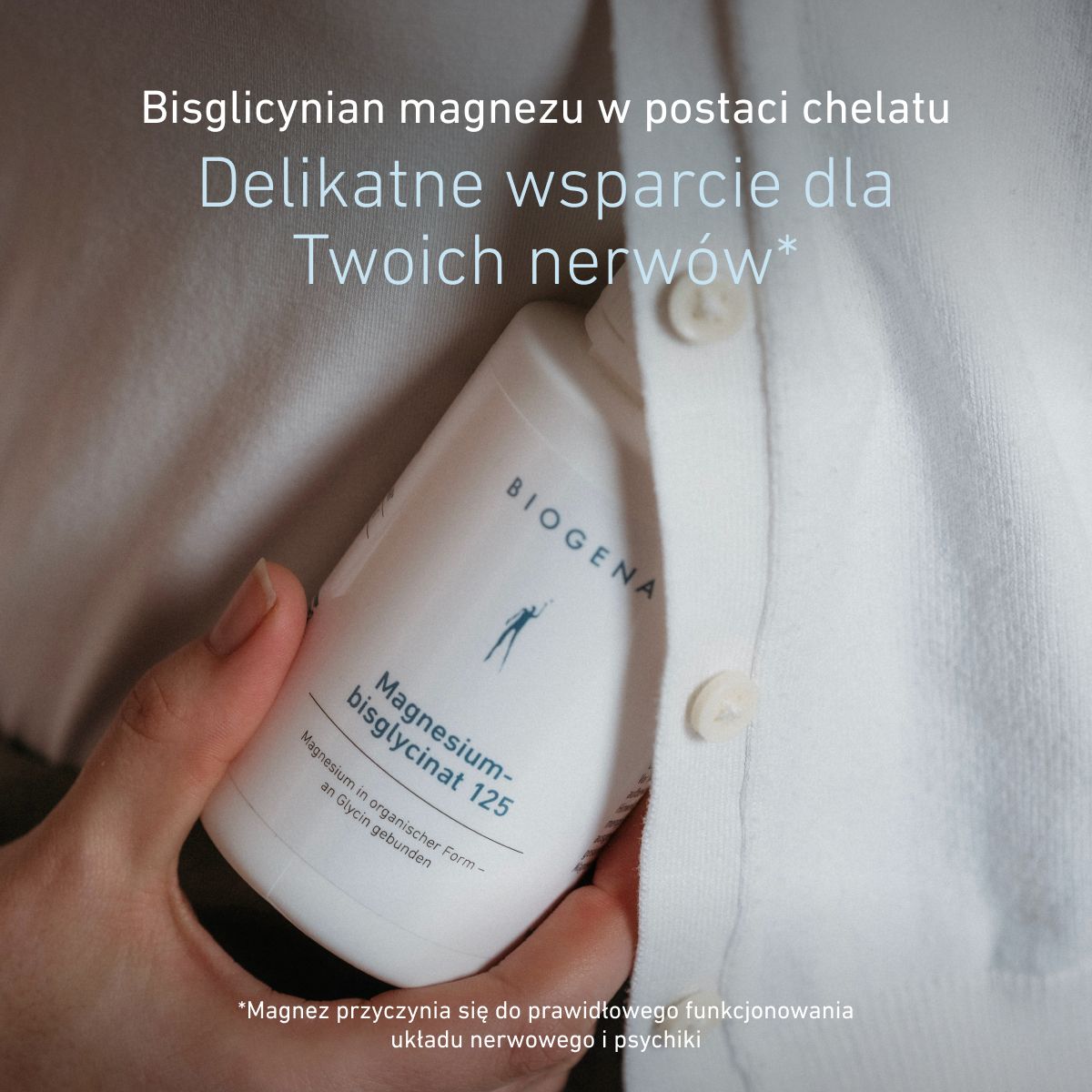 Biogena, Magnesium-bisglycinat 125, Butelka, biały, Magnez w formie organicznej – związany z glicyną