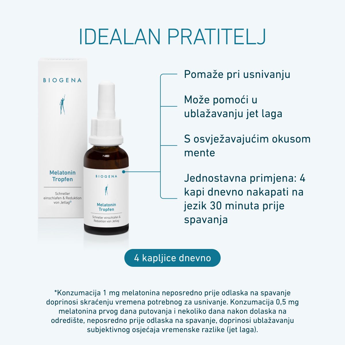 Biogena, Melatonin Tropfen, Boca, bijela, Brže uspavljivanje i smanjenje jet laga