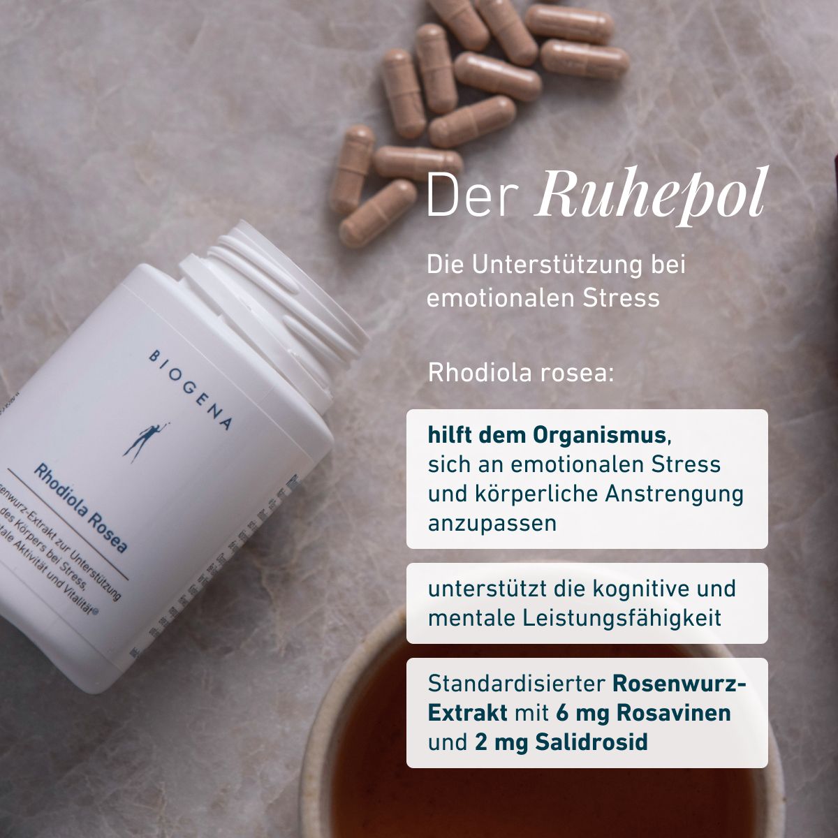 Biogena, Rhodiola Rosea, Flasche, weiß, Rosenwurz-Extrakt zur Unterstützung des Körpers bei Stress, für mentale Aktivität und Vitalität®