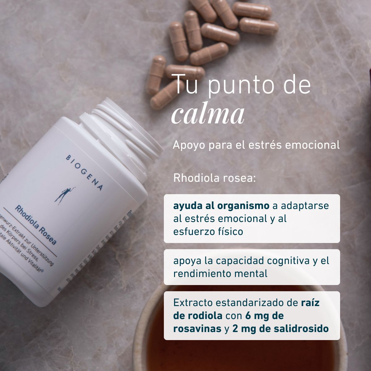 Biogena, Rhodiola Rosea, Botella, blanco, Extracto de raíz de rosa para apoyar al cuerpo en caso de estrés, para la actividad mental y la vitalidad®