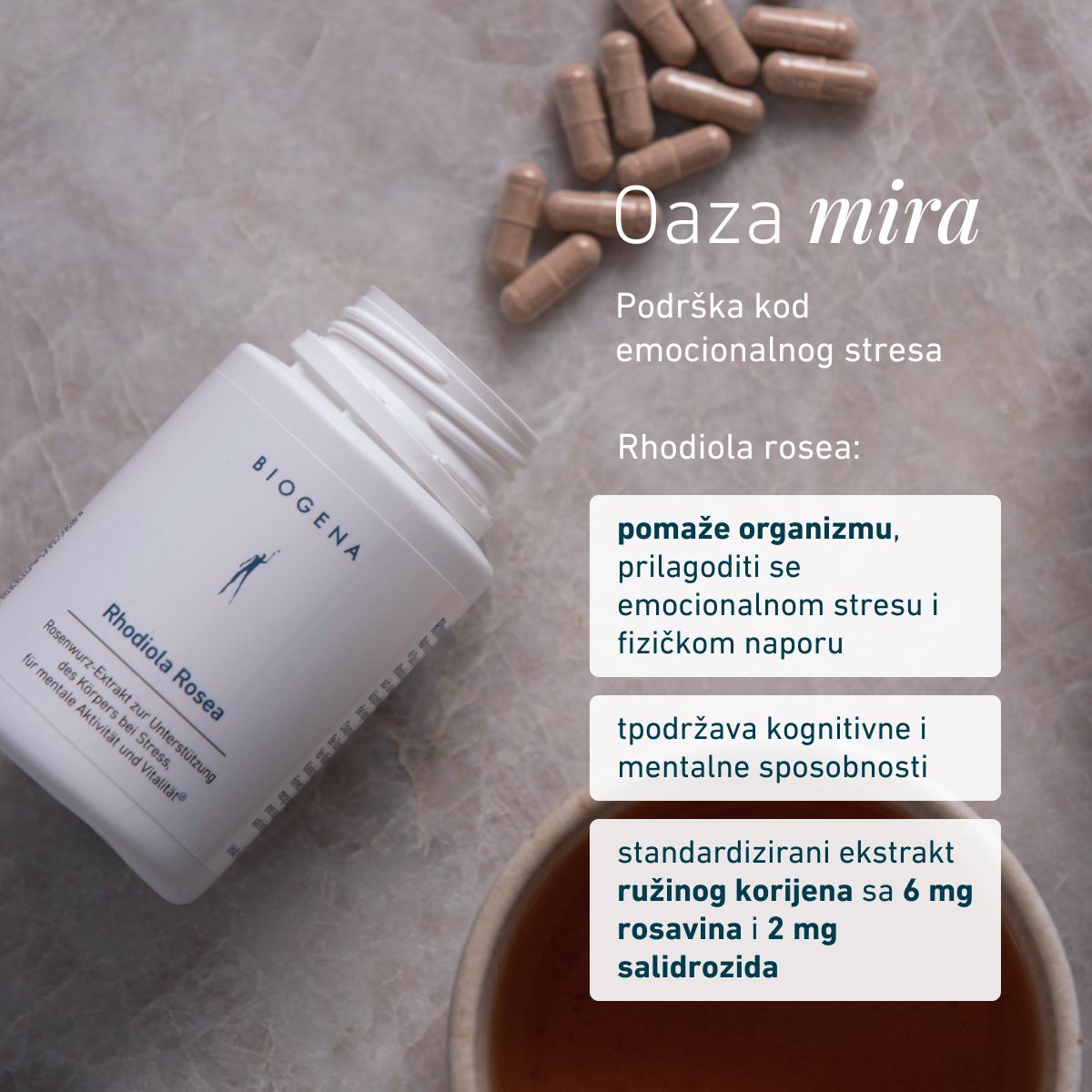 Biogena, Rhodiola Rosea, Boca, bijela, Ekstrakt korijena ruže za podršku tijelu pri stresu, za mentalnu aktivnost i vitalnost®