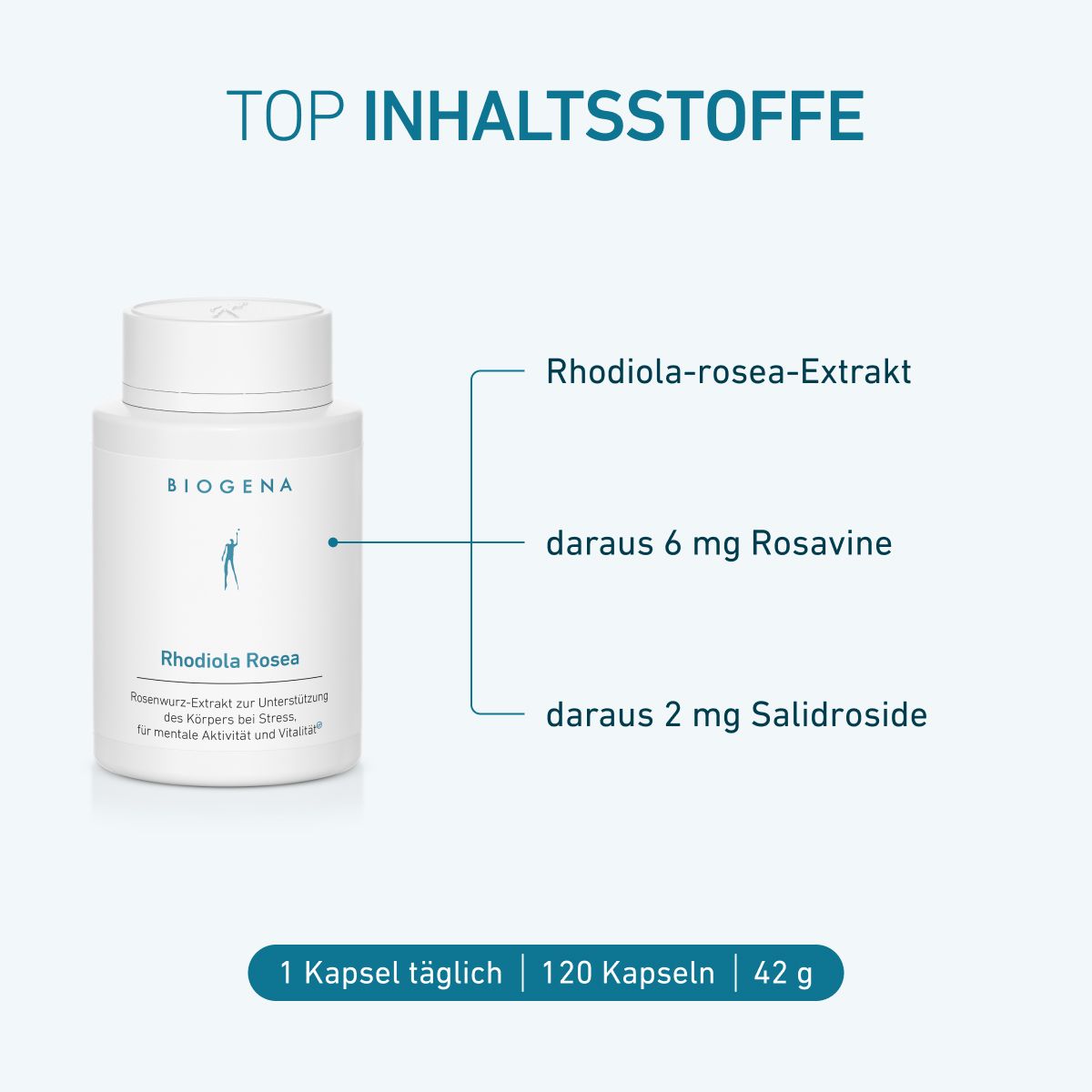 Biogena, Rhodiola Rosea, Flasche, weiß, Rosenwurz-Extrakt zur Unterstützung des Körpers bei Stress, für mentale Aktivität und Vitalität®