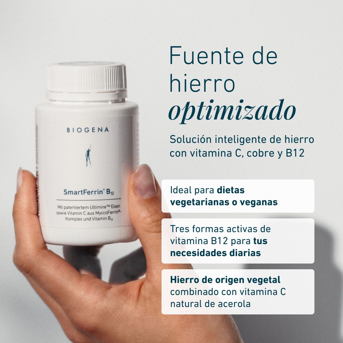 Biogena, SmartFerrin® B12, Botella, blanco, Con hierro Ultimine™ patentado y vitamina C del complejo MyccoFerrin® y vitamina B12