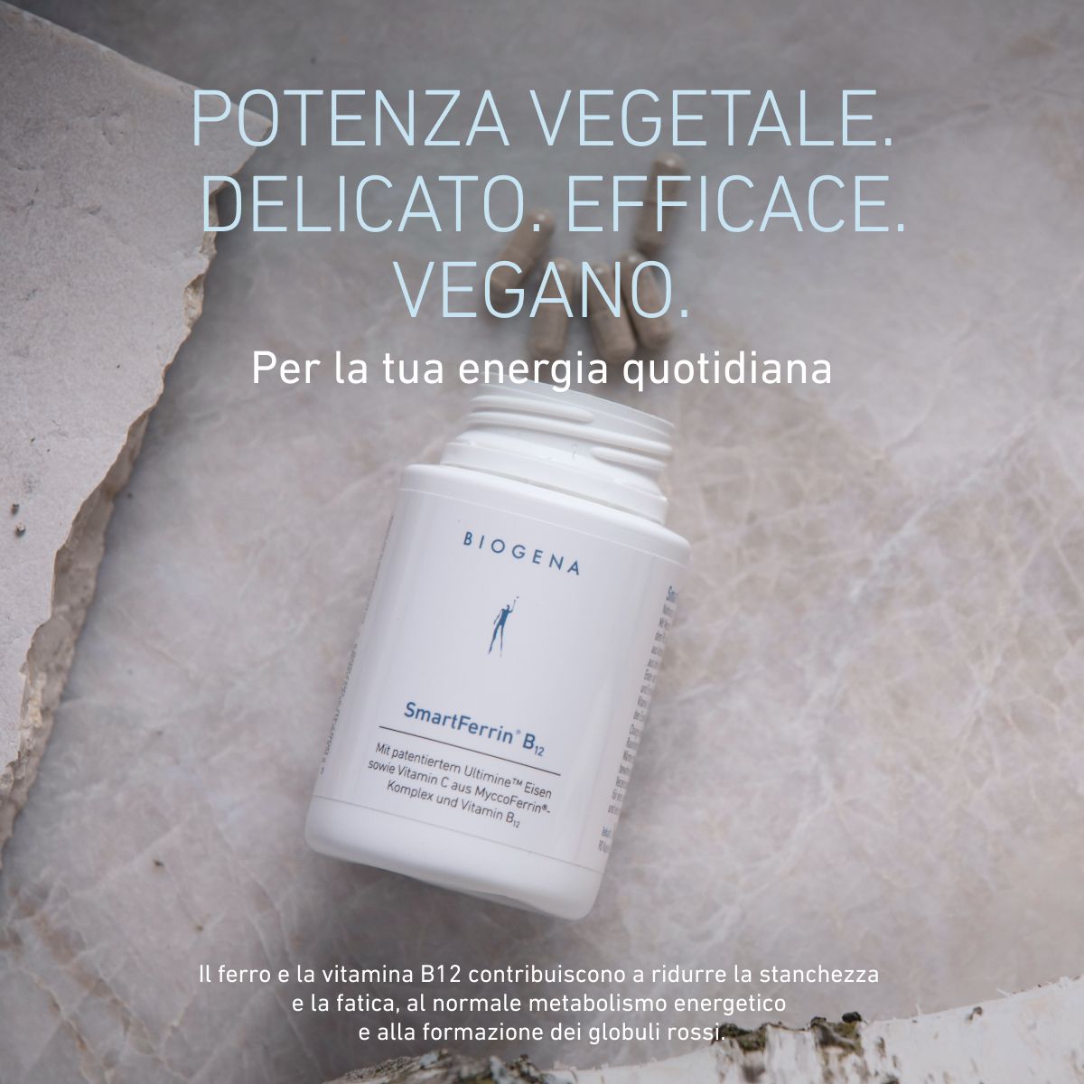 Biogena, SmartFerrin® B12, Bottiglia, bianco, Con ferro Ultimine™ brevettato e vitamina C dal complesso MyccoFerrin® e vitamina B12
