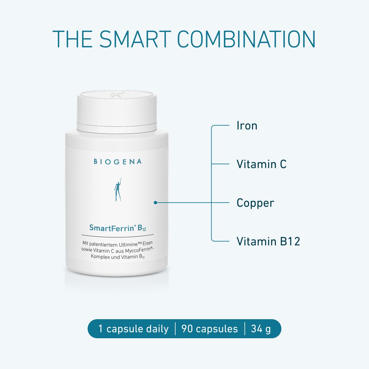 Biogena, SmartFerrin® B12, Bottle, white, With patented Ultimine™ iron as well as vitamin C from MyccoFerrin® complex and vitamin B12